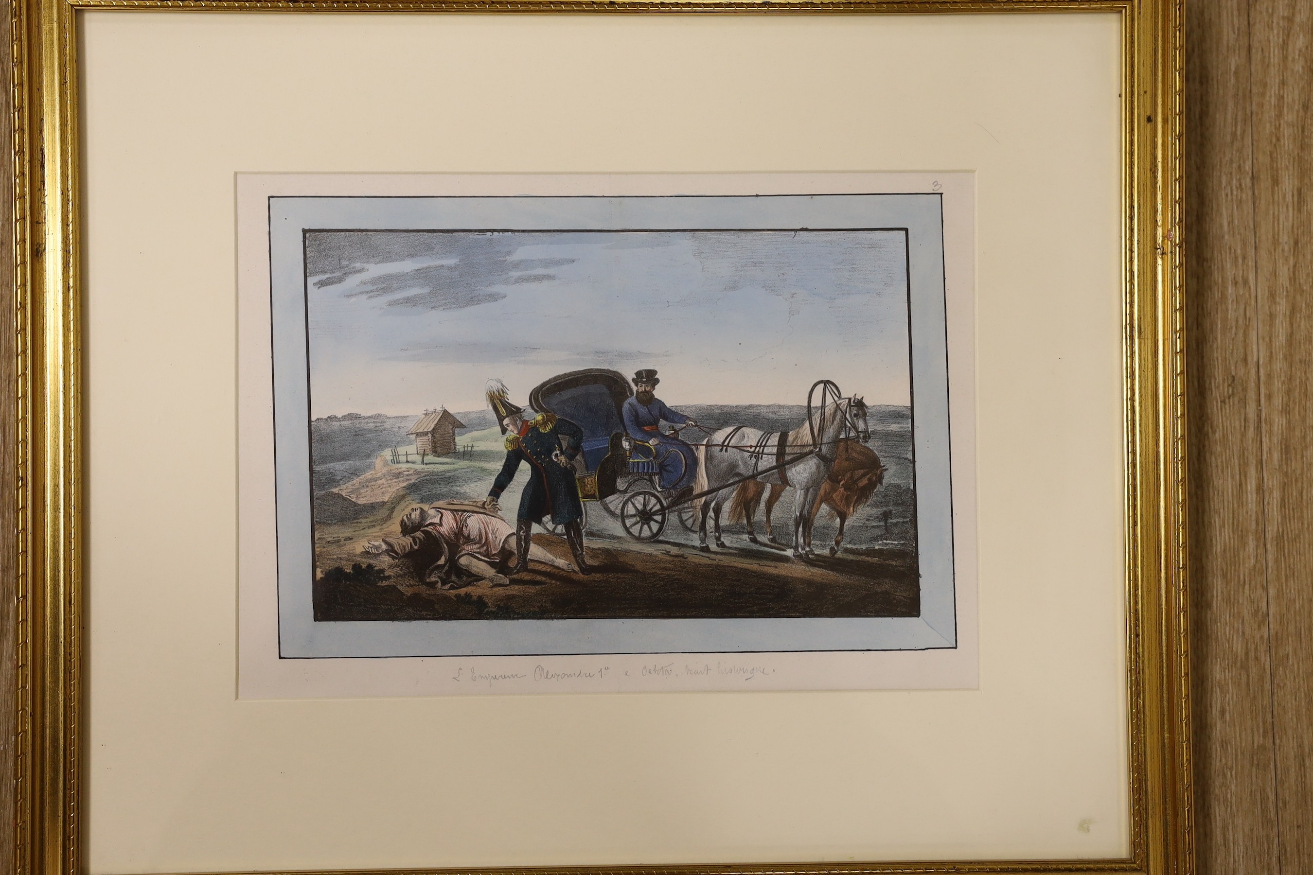 A set of four 19th century French coloured lithographs, Emperor Alexander I and other Russian subjects, 14.5 x 24cm